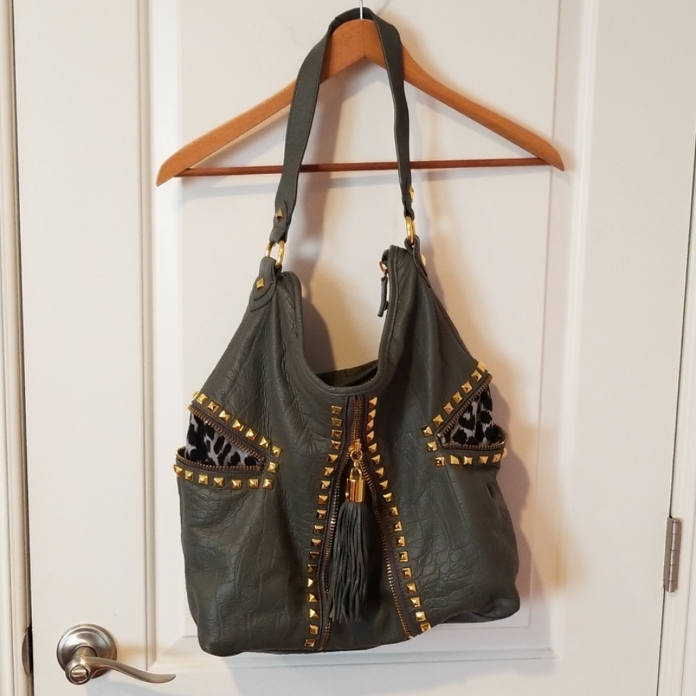 Grey faux alligator print bag with gold hardware